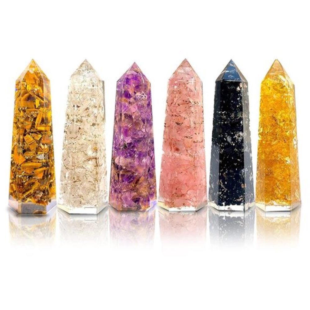 Healing Crystal Wand Set of 6 + Black Tourmaline Necklace With Orgonite Necklace